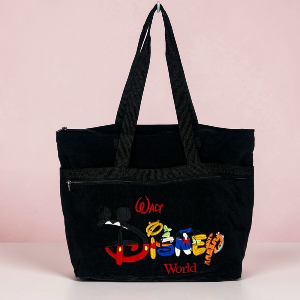 Vintage Walt Disney World Tote Bag Nylon Embroidered Character Zip Travel Bag